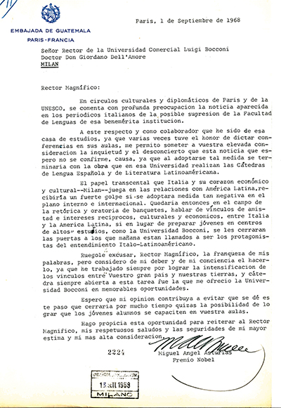 Lettera di Miguel Angel Asturias a Giordano Dell’Amore Lettera di Miguel Angel Asturias a Giordano Dell’Amore